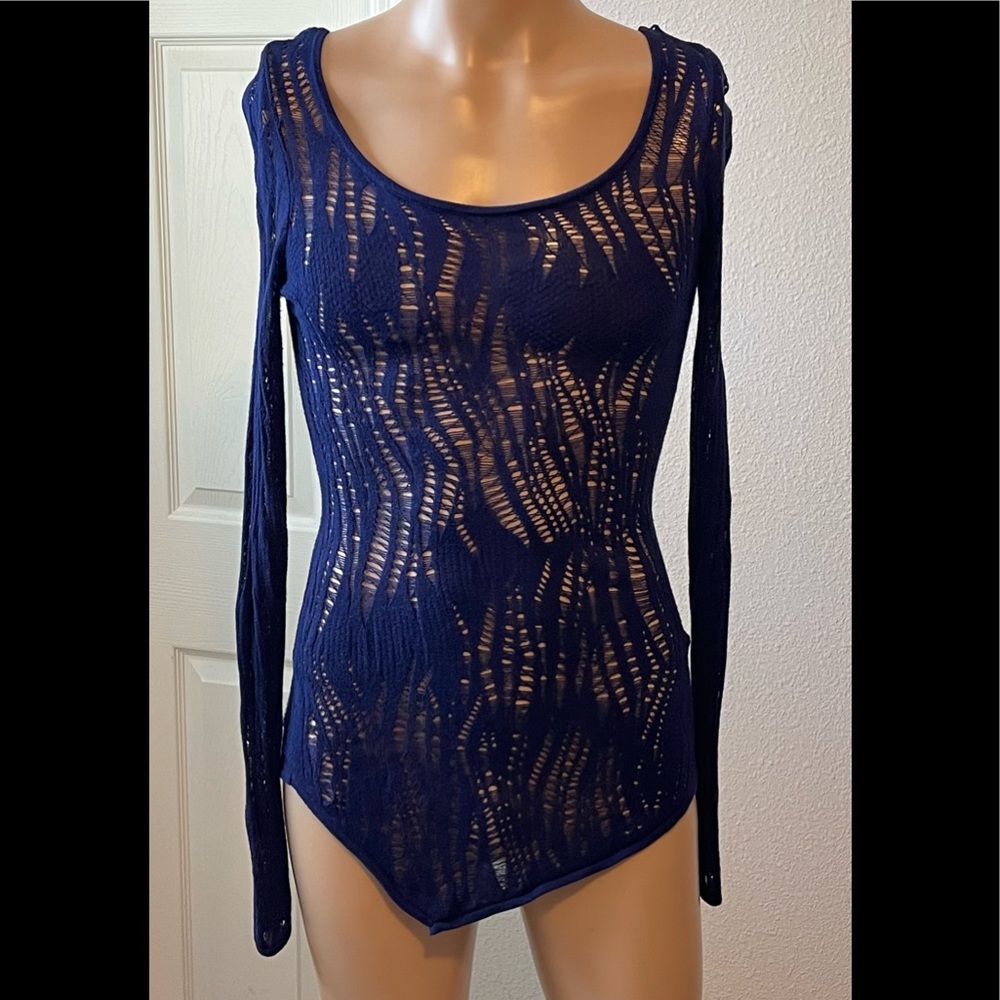 Express Royal Blue, Sheer Knit Asymmetrical Tunic Sweater Top Size Small